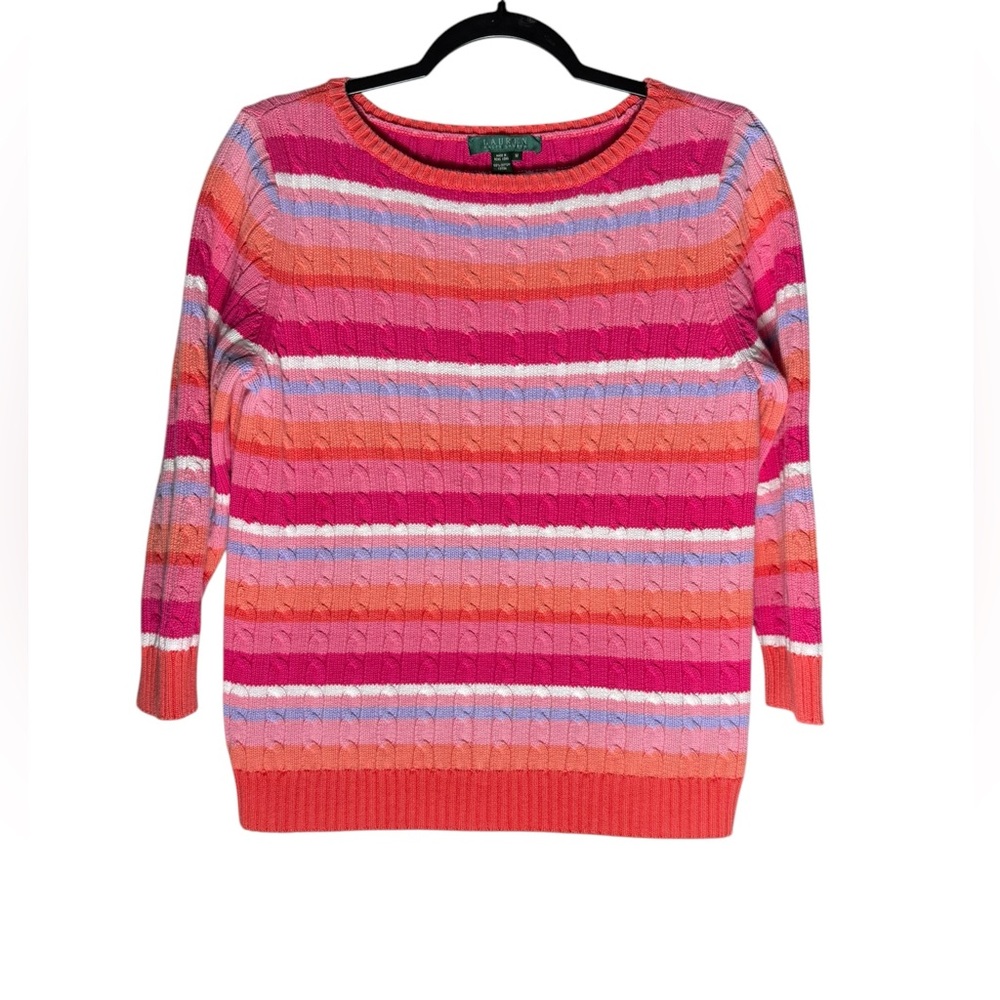 VTG Ralph Lauren Cable Knit Sweater Womens Medium Pink White Rainbow Striped
